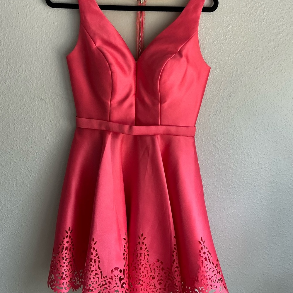 Sherri Hill Coral Mini Dress with Lace Hem